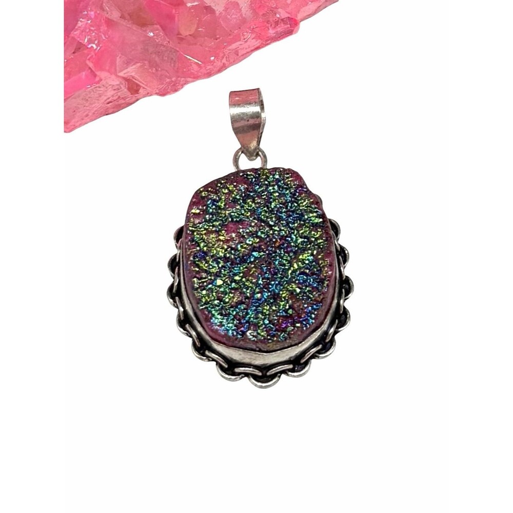 Titanium Druzy Necklace Pendant 925 Sterling Silver Overlay
